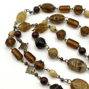 Artisan Glass Bead Necklace Earth Tones Amber Brown Wire Wrapped Boho 44 in